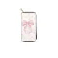 Detailed view of long zipper wallet featuring a pink watercolor bow on a retro background. - Retro Bow (DX406C)