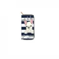 Long zipped wallet with cute French bulldog print, navy blue and white stripes, daily use. - QBDX023A