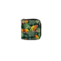 Detailed view of tropical parrot print short zippered wallet, geometric jungle pattern. - DX3034B