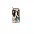 Detailed view of long zipper wallet showcasing cute cartoon dog print and sleek metal zipper. - QBDX023C