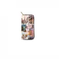 Detailed view of long zippered PU wallet featuring a vibrant urban landscape collage design. - Multi-City Landmarks (DX3033E)