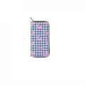 Close-up of long zippered wallet with blue white plaid and pink bows pattern detail. - DX427A (Blue-White Grid Pink Bow)