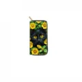 Black long zipper wallet with cute black cat and yellow flower print design, PU leather clutch. - QBDX03B
