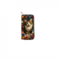 Detailed view of long zippered wallet featuring a vintage oil painting style cat and floral print design. - DX427D (Retro Oil Painting Cat Flowers)