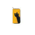 Detailed view of long zip wallet with cute black cat print on vibrant yellow background. - DX428B Yellow Base Black Cat