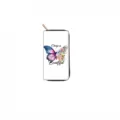 Detailed view of the white long zipper wallet featuring a butterfly and floral print design. - QBDX07E