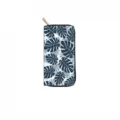 Long PU leather wallet with blue monstera leaf print and gold zipper, detailed view. - Monstera Leaf Style (DX2603E)