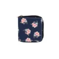 Floral short PU zipper wallet, dark blue coin purse with pink watercolor flowers design. - Combination 001A