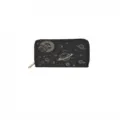 Celestial sun and moon print long PU leather zipper wallet close-up detail view. - DX3012A