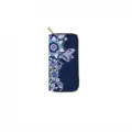 Detailed view of the blue bohemian floral print long zipper wallet, showcasing elegant design. - DX3013F