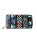 Detailed view of the long zipper wallet with vibrant bohemian ethnic geometric print design. - DX053F