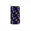 Close-up detail of the space cat pattern and golden zipper on the cute long PU wallet. - Cute Cat Print Style F (DX2048F)