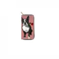Detail shot of a long zip wallet featuring a cute dog and rose print, stylish clutch purse. - QBDX023F