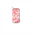 Close-up detail of a long zip wallet featuring a vibrant pink flamingo and heart print. - QBDX027E (Pink Flamingo Print)