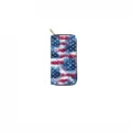 Close up of long zipper wallet featuring abstract American flag watercolor print pattern design. - DX3036F (Watercolor American Flag)