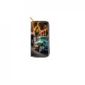 Close-up detail of vintage classic car print long zipper wallet clutch purse accessory. - Vintage Street View (DX429C)