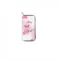 Close-up detail of the long zipper wallet featuring a pink floral pattern and inspirational quote. - Floral Text (QBDX020F)