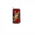 Long zipper wallet for women featuring cute tabby cat and vibrant red floral print design. - DX431C