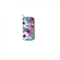 Floral print PU leather long zip wallet detail view, elegant colorful flower design. - Blue-Green Floral(DX2686C)
