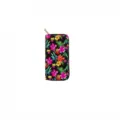 Long PU leather zip wallet with colorful tropical floral print, stylish daily clutch bag. - Black Tropical Floral