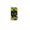 Black cat long zipper wallet with yellow flower print, elegant PU leather clutch purse for women. - DX431A