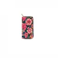 Floral print long PU wallet detail showing vibrant pink flowers and gold zipper head craftsmanship. - Black Pink Floral