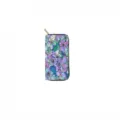 Detailed view of long floral PU zipper wallet with colorful blossom print and gold zipper. - Multi-Color Floral