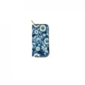 Detailed close-up view of the blue PU leather long zipper wallet with white daisy floral print. - Blue Daisy