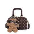 Brown polka dot handbag with cute fuzzy bear keychain for women stylish casual daily use bag. - With Charm Style / Coffee