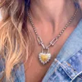 Stainless steel heart padlock necklace for women chunky chain pendant fashion jewelry - Steel Color Micro-Pave Rhinestone Lock (C-616)