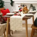 Runner da tavola di Natale, tessuto in maglia bianca con motivo ad albero e stella - 33*93cm / Beige