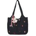 Dunkelblaue Jeans Canvas Shopper Tasche mit süsser Stickerei und weichem Plüsch Anhänger - Schulter Dunkelblau Denim Mit Anhänger