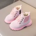 Vue détaillée de bottes d'hiver pour enfants roses, doublure pelucheuse et semelle épaisse. - Taille 21 (Longueur Intérieure 13.5) / Rose (Polaire Épaisse)