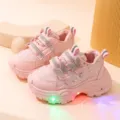 Pink light-up kids sneakers with sparkling rhinestones and cute bowknot for girls walking - S87 pink / Size 25 (Internal Length 15.5)
