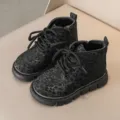 Dettaglio stivaletti Martin per bambini neri felpati, scarpe invernali calde. - Taglia 21 (Lunghezza Interna 13.5) / Nero