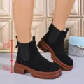 Women suede platform chelsea boots chunky block heel casual ankle boots autumn footwear - 36 / Black