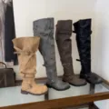Vintage buckle slouchy over-the-knee boots for women, thick heel round toe long boots. - 35 / Quarter / Khaki