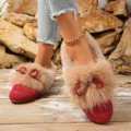 Zapatos planos de felpa para mujer detalle, calzado de invierno cálido con lazo. - 36 / Rojo