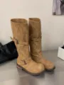 Retro buckle slouchy mid-calf boots with chunky heel and round toe for autumn winter fashion. - 35 / Crew Socks / Khaki