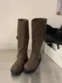 Vintage brown buckle slouchy boots for women, comfortable thick heel round toe long boots. - 35 / Crew Socks / Brown