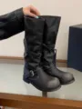 Vintage distressed buckle slouchy long boots for women, round toe chunky heel knee high boots. - 35 / Crew Socks / Black