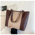 Korean style color-block large capacity tote bag fashion casual shoulder handbag new - Khaki with Brown