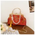 Chinesisch bestickte Handtasche retro Kuss-Verschluss Abendtasche mit Perlenkette und Metallgriff - Rot