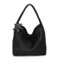 Schwarze gewebte Leder Hobo Tasche mit Sternanhänger Große Schulter Tote Handtasche - 34x15x33cm / Schwarz