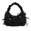 Schwarze Pünktchen Handtasche mit Schleife und Kette, stylische Schultertasche für Damen. - Schwarz