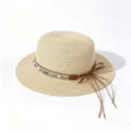 Woven straw sun hat with ethnic beads and leather bow, stylish summer beach boater hat. - One Size (Circumference 57cm) / Blue White Beads Wreath - Beige