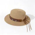 Exquisite flat top straw hat detail showing ethnic woven band and leather bow. - One Size (Circumference 57cm) / Metal Cloth Wreath - Khaki