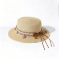 Straw flat top sun hat with ethnic style woven band and tassel for women summer outdoor. - One Size (Circumference 57cm) / Pink Tassel Wreath - Beige
