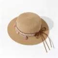Ethnic style flat top straw sun hat, detailed view of woven ribbon and tassels for outdoor. - One Size (Circumference 57cm) / Pink Tassel Wreath - Khaki
