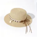 Stylish flat top straw hat with shell band and leather bow for summer sun protection. - One Size (Circumference 57cm) / White Beads Tassel - Beige